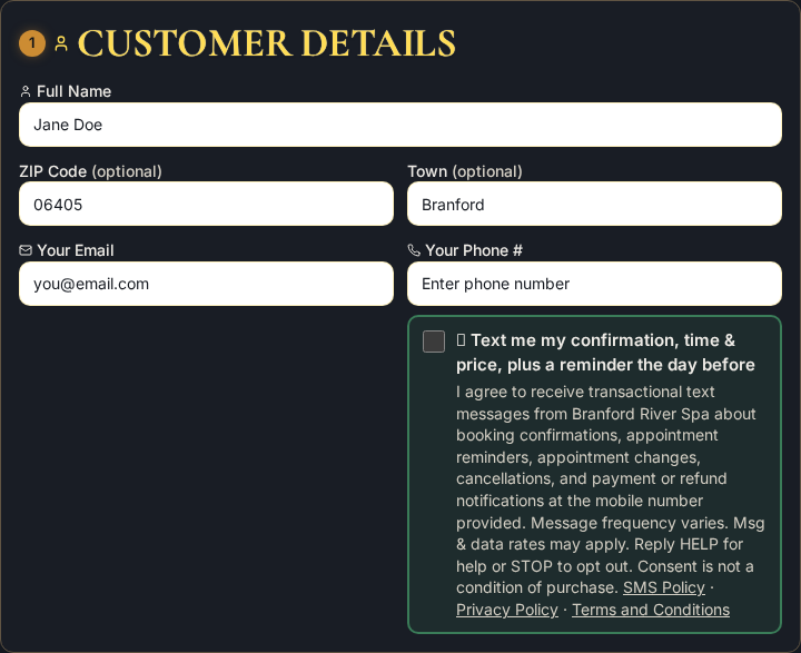 Screenshot of the Branford River Spa online checkout showing the phone number field and the unchecked optional text message consent checkbox with SMS Policy, Privacy Policy and Terms links
